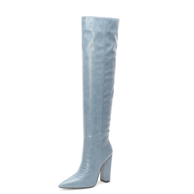 Light blue Snake Printed Pointy Toe Block Heel Women knee High Boots