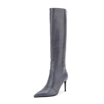 Grey Snake Prints Boots Stiletto Knee High Boots 4 Inches High Heels
