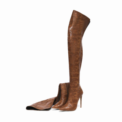 Fashion Snake Embossed Pointed Toe Stilettos Over-the-knee Boots