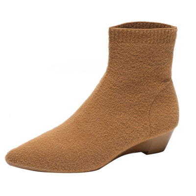 Brown Sock Ankle Boots Wedges Heels Women's Wedge Booties Pointed Toe