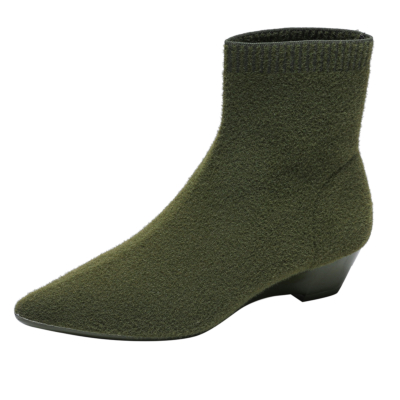 Olive Green Sock Ankle Boots Wedges Heels Women's Wedge Booties Pointed Toe