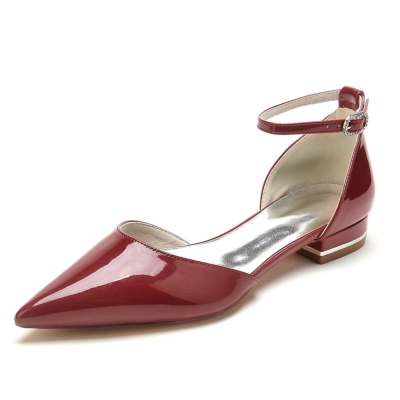 Burgundy Solid Ankle Strap D'orsay Flats Minimalism Dresses Pumps Flats Shoes