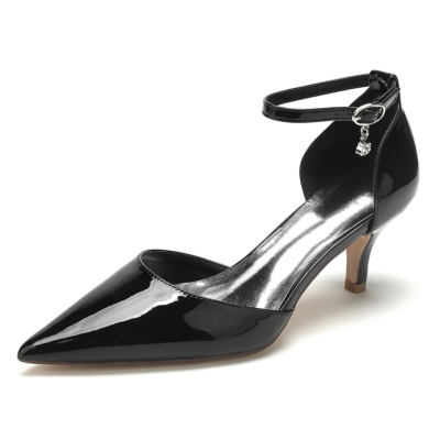Black Solid Ankle Strap D'orsay Kitten Heels Pointy Toe Pumps Shoes for Work