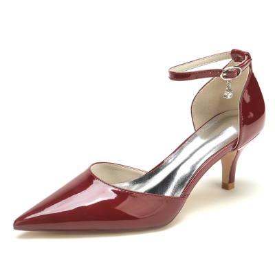 Burgundy Solid Ankle Strap D'orsay Kitten Heels Pointy Toe Pumps Shoes for Work