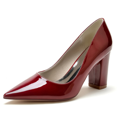 Burgundy Solid Block Heel Dresses Pumps Shoes Office Heels with Pointed Toe