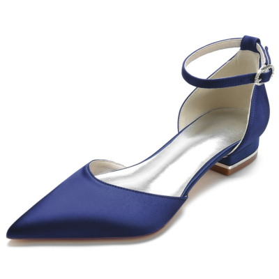 Navy Solid Comfy Ankle Strap Flat Satin Pointed Toe Flats Shoes