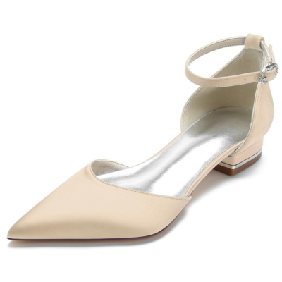 Champagne Solid Comfy Ankle Strap Flat Satin Pointed Toe Flats Shoes