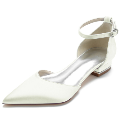 Ivory Solid Comfy Ankle Strap Flat Satin Pointed Toe Flats Shoes