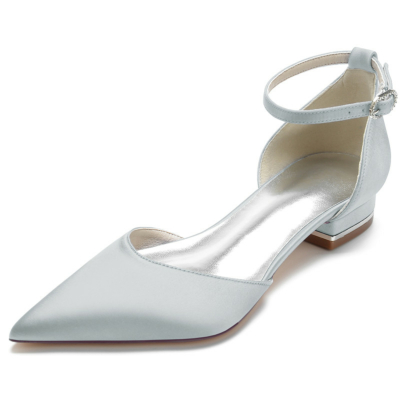 Grey Solid Comfy Ankle Strap Flat Satin Pointed Toe Flats Shoes