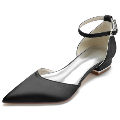 Black Solid Comfy Ankle Strap Flat Satin Pointed Toe Flats Shoes