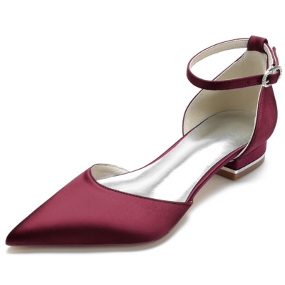 Burgundy Solid Comfy Ankle Strap Flat Satin Pointed Toe Flats Shoes
