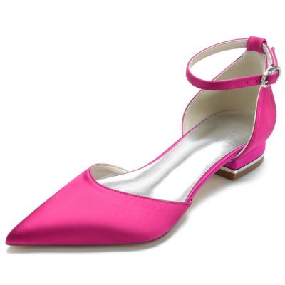 Magenta Solid Comfy Ankle Strap Flat Satin Pointed Toe Flats Shoes 