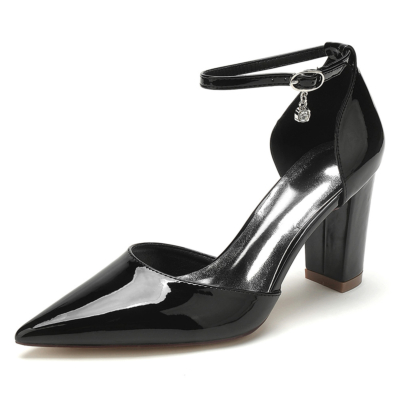 Black Solid Dress Pumps Shoes Ankle Strap D'orsay Minimalist Block High Heels