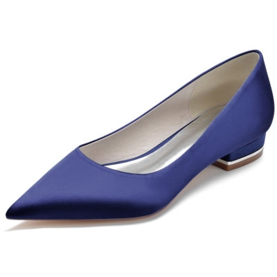 Navy Solid Satin Flats Pointed Toe Comfy Women Flat Shoes For Work