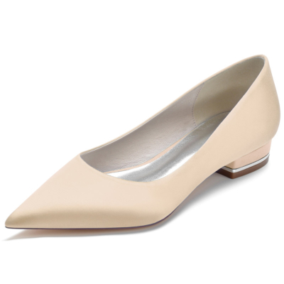 Champagne Solid Satin Flats Pointed Toe Comfy Women Flat Shoes For Work