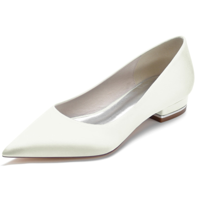 Ivory Solid Satin Flats Pointed Toe Comfy Women Flat Shoes For Work