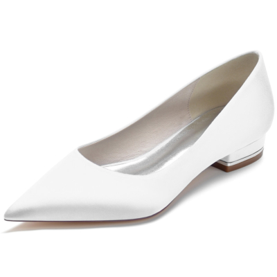 White Solid Satin Flats Pointed Toe Comfy Women Flat Shoes For Work