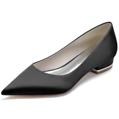 Black Solid Satin Flats Pointed Toe Comfy Women Flat Shoes For Work