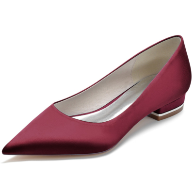 Burgundy Solid Satin Flats Pointed Toe Comfy Women Flat Shoes For Work