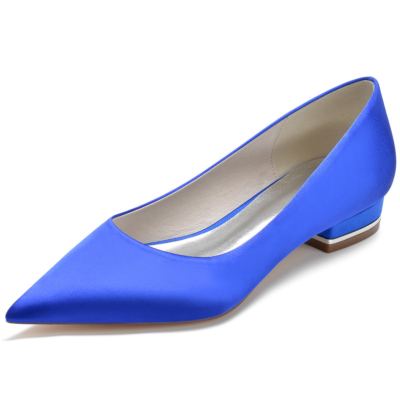 Royal Blue Solid Satin Flats Pointed Toe Comfy Women Flat Shoes For Work