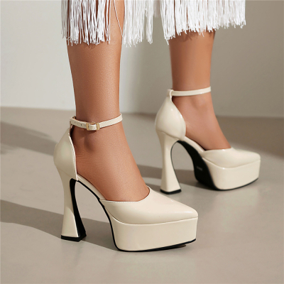 Beige Spool Heels Platform D'orsay Shoes Ankle Strap Sandals With Closed Toe