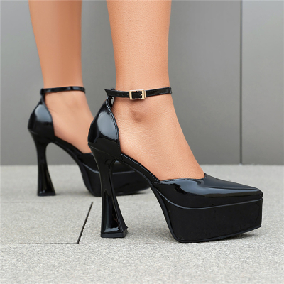 Black Spool Heels Platform D'orsay Shoes Ankle Strap Sandals With Closed Toe