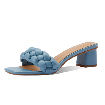 Blue Square Toe Padded Sandals Block Heel Mules