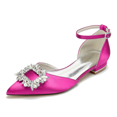 Magenta Square Rhinestone Buckle Pointed Toe Ankle Strap Wedding Bride's Flat