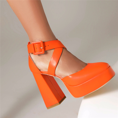 Orange Square Toe Criss Cross Platform Chunky Heel D'orsay Shoes Mary Janes