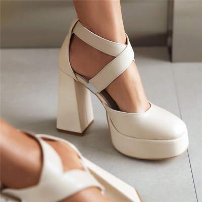 White Square Toe Criss Cross Platform Chunky Heel D'orsay Shoes Mary Janes
