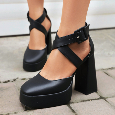 Black Square Toe Criss Cross Platform Chunky Heel D'orsay Shoes Mary Janes