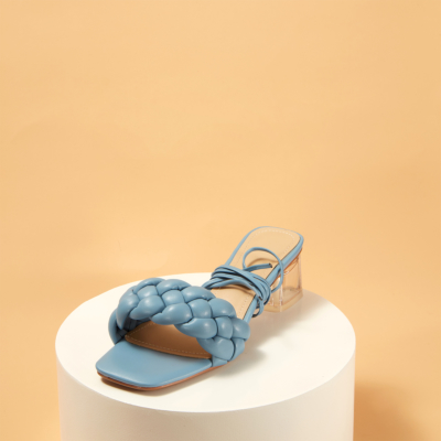 Blue Square Toe Padded Sandals Clear Heel Mules