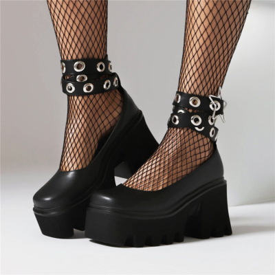 Black Matte Square Toe Platform Mary Jane Chunky Heels Ankle Wrap Star Buckle Shoes