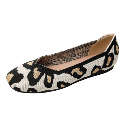 Beige Leopard Printed Square Toe Flats Comfortable Work Women's Flat Shoes
