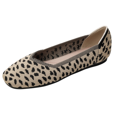 Khaki Leopard Printed Square Toe Flats Comfortable Work Women's Flat Shoes