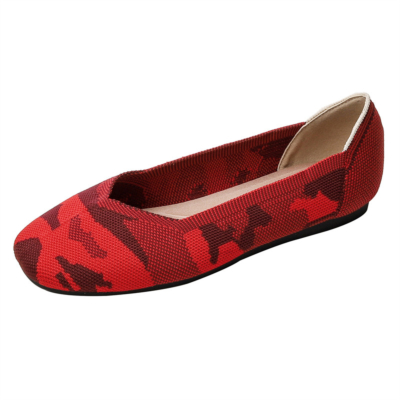 Red Prints Square Toe Printed Flats Comfortable Work Women's Flat Shoes