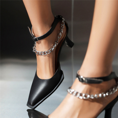 Black Square Toe Sandals Spool Heel Ankle Strap Chain Sandals Dresses Shoes
