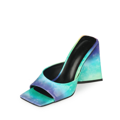 Blue Square Toe Slide Sandal Spring Gradient Block Heel Shoes