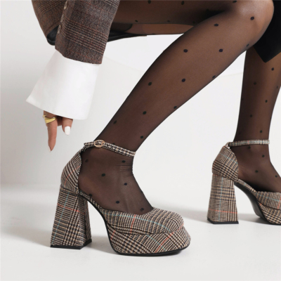 Plaid Squre Toe Platform Chunky Heel Mary Jane Shoes Vintage Dresses Heels