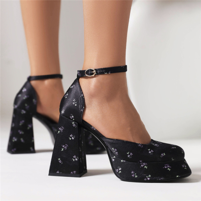 Black Floral Squre Toe Platform Chunky Heel Mary Jane Shoes Vintage Dresses Heels