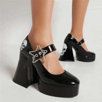 Stark Buckle Platform Mary Jane Chunky Heels Skull Print Gothic Shoes