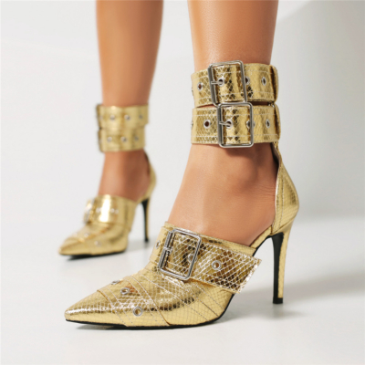 Golden Snake Printed Stiletto Heel Buckle Metallic D'orsay Sandals With Closed Toe