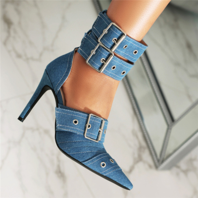 Denim Stiletto Heel Buckle D'orsay Sandals With Closed Toe