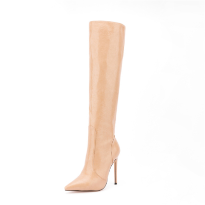 Apricot Stiletto Knee High Boots Pointed Toe Wide Calf Zip Boots For Work