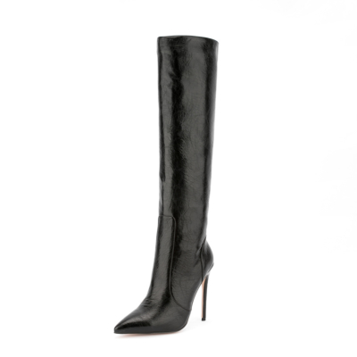 Black Stiletto Knee High Boots Pointed Toe Wide Calf Zip Boots For Work