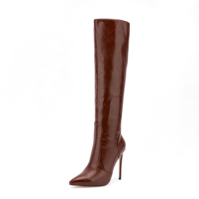 Brown Stiletto Knee High Boots Pointed Toe Wide Calf Zip Boots For Work