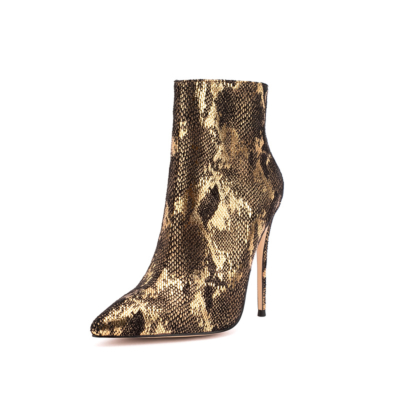 Golden&Black Stiletto Snake Prints Ankle Boots 5 inches High Heels