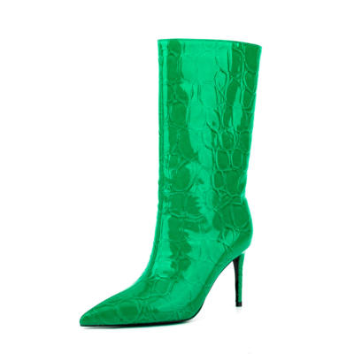 Green Stone Pattern Pointed Toe Stilettos Mid-calf Boots
