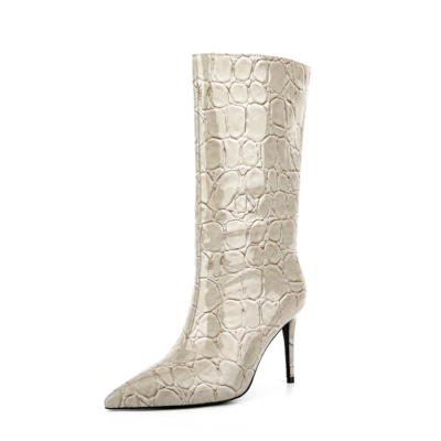 Grey Stone Pattern Pointed Toe Stilettos Mid-calf Boots