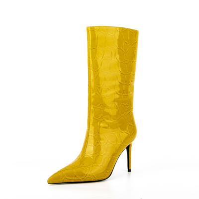 Yellow Stone Pattern Pointed Toe Stilettos Mid-calf Boots